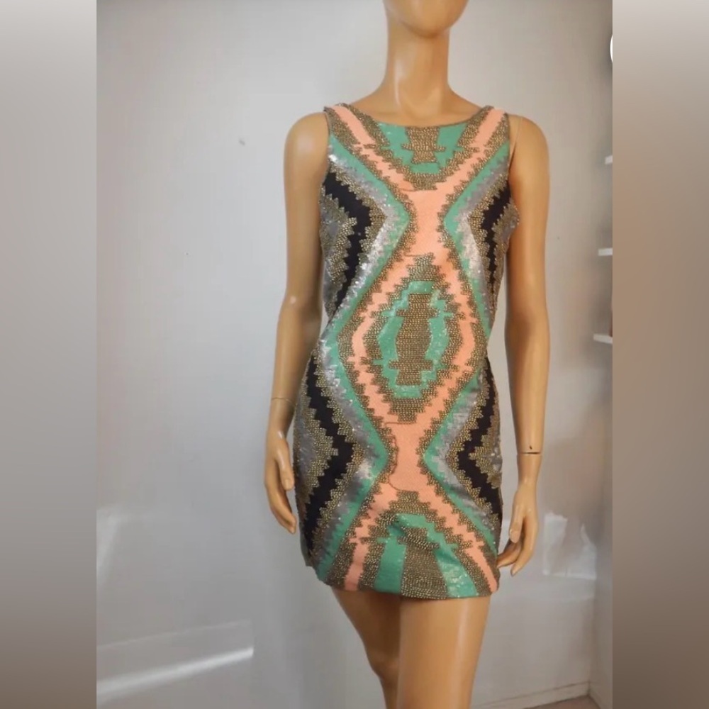 English Rose Sequin Mini Dress - Mint, Coral, Black size Small - Picture 2 of 11